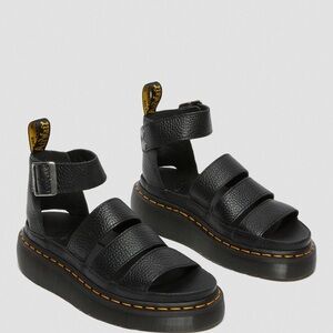 Dr. Martens Black Leather Platform Strappy Sandals with Yellow Stitching